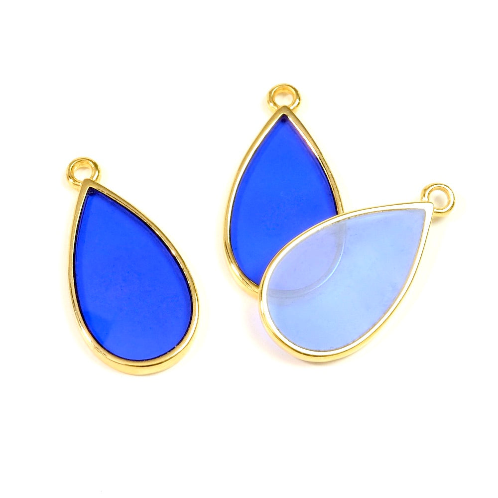 2 Pendentifs vitraux goutte en Zamak doré 24K Bleu nuit