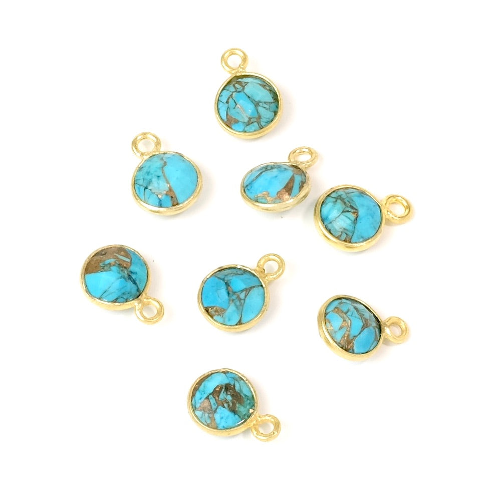 Pendentif sertis rond 6mm de Turquoise cuivrée en laiton Doré à l&#39;or fin 24K