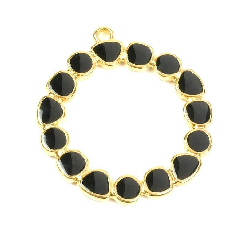 Pendentif rond émaillé noir en Zamak doré Or 24K