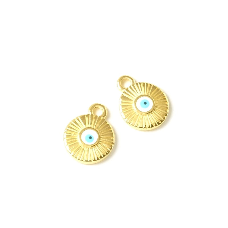 2 Pendentifs oeil émaillé blanc rond en Zamak doré 24K