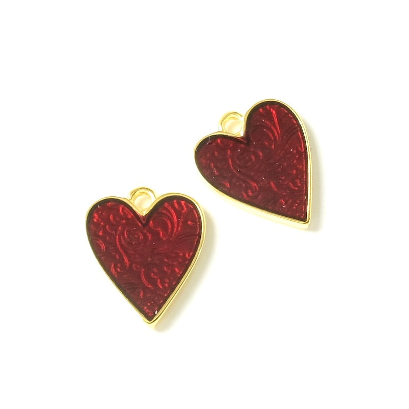 2 Pendentifs Coeur émaillée en Zamak doré Or 24K