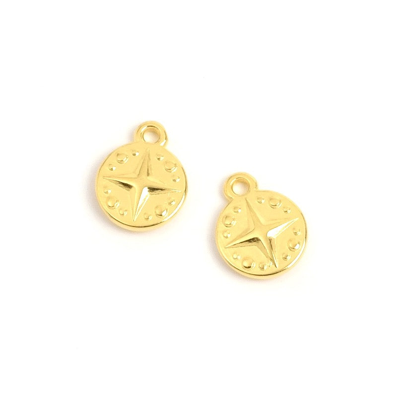 2 Pendentifs ronds motif étoile en Zamak Or 24K