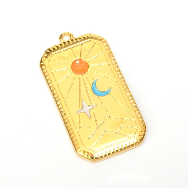 Pendentif rectangle émaillé Lune étoile soleil doré 24K