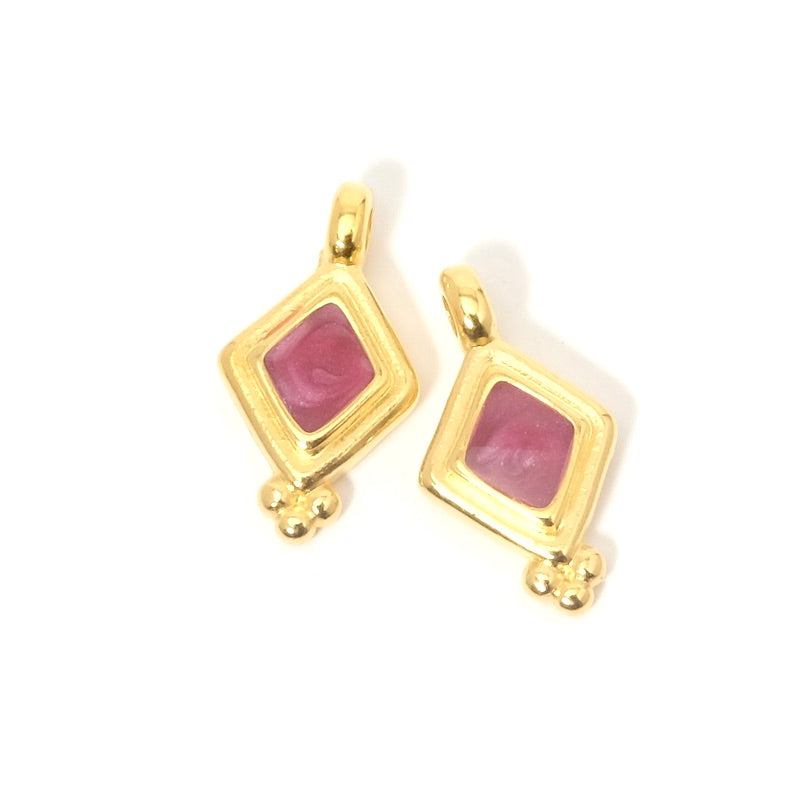 2 Pendentifs losange émaillé effet Fuchsia doré 24K