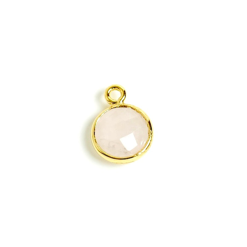 Pendentif sertis rond 8mm de Quartz rose en laiton Doré à l&#39;or fin 24K Premium