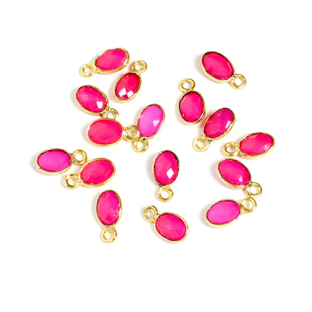 Pendentif serti ovale Calcédoine fuchsia en laiton Doré à l&#39;or fin 24K 