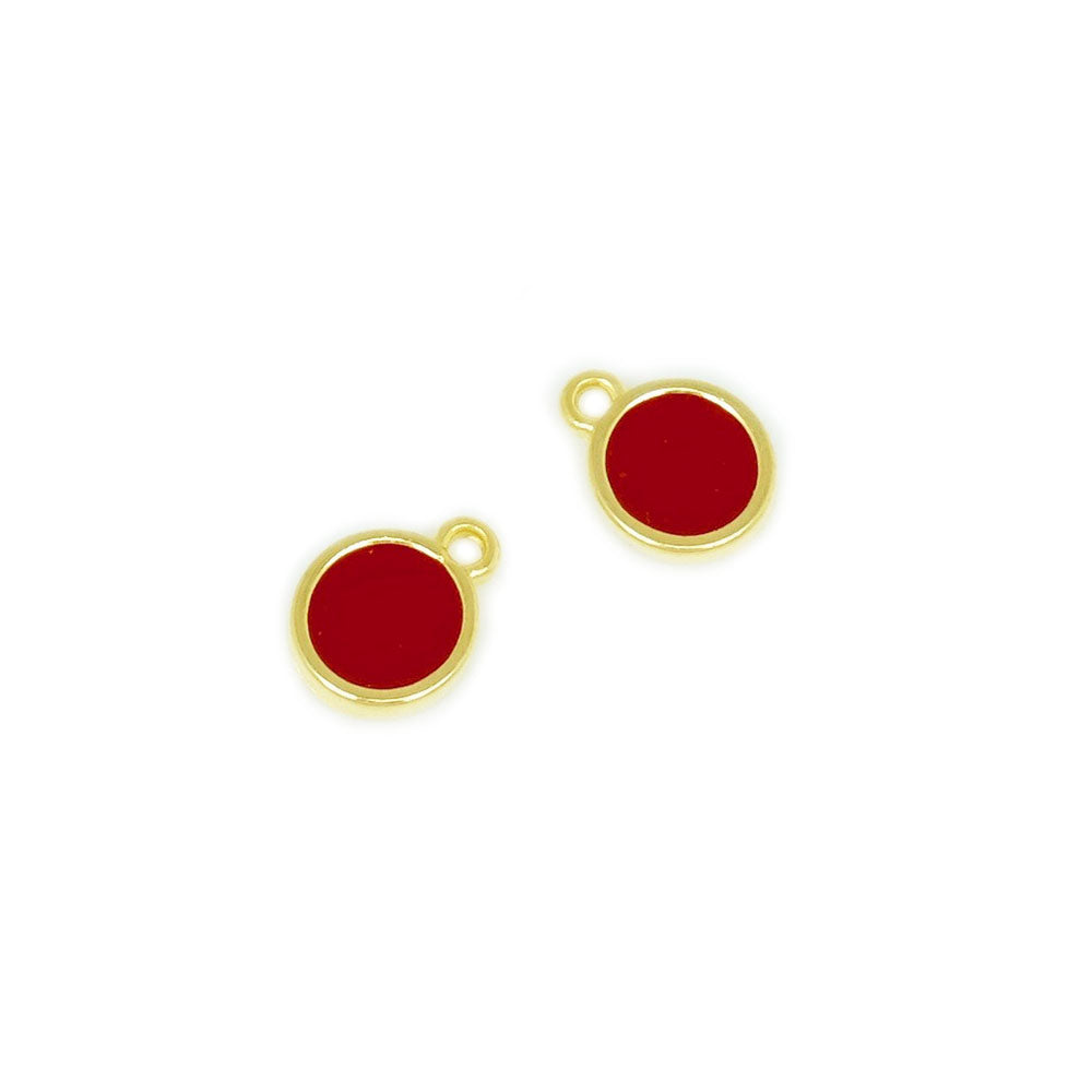 2 pendentifs ronds émaillés rouge intense en Zamak doré Or 24K